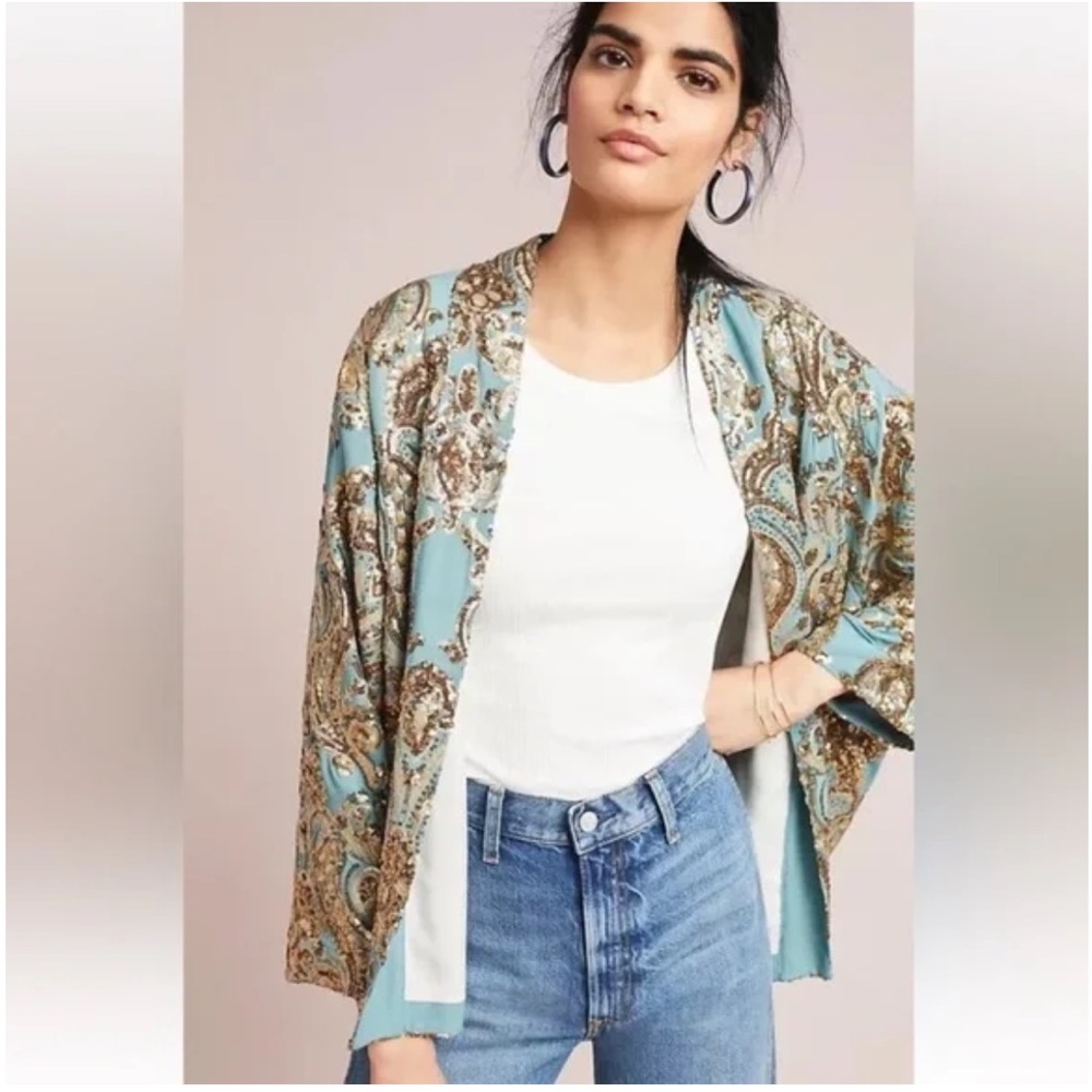 Anthropologie Ettawa‎ Sequins Turquoise and Gold Toned Kimono Jacket- M/L